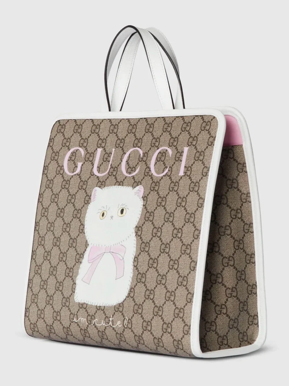 Gucci Brown GG Supreme Tote with White Cat and Pink Accents